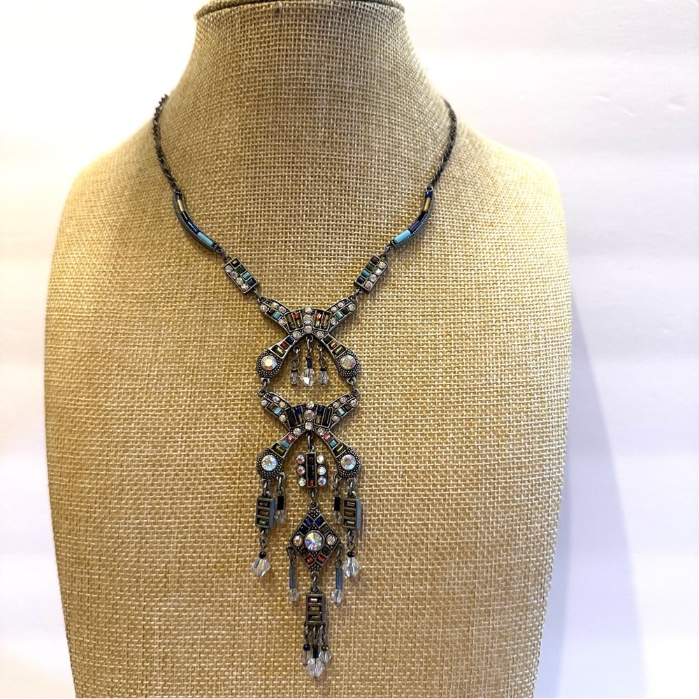 Boho Festival Statement Necklace-antique silver tone bib style w/ AB crystals